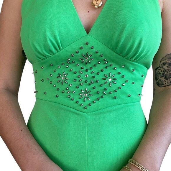 Vintage 1970s Womens Retro MidMod Lime Green Halter Prom Dress Evening Gown Sz M - Picture 4 of 10